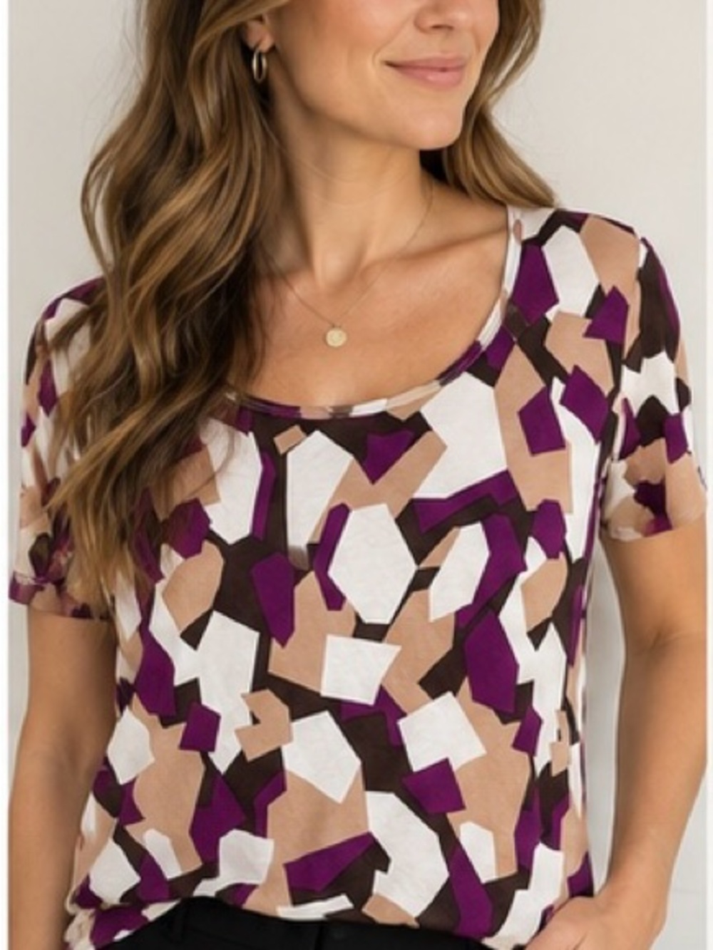 St. John Geometric Abstract Print Stretch Jersey Top Purple Tan Size M